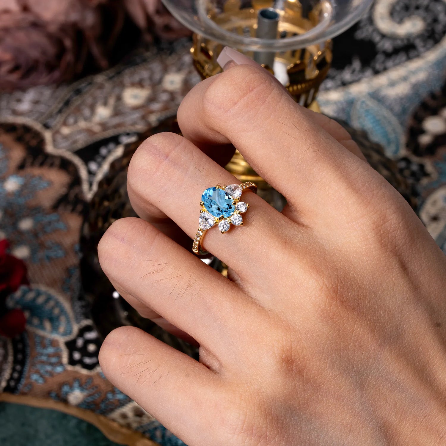 2 Carat Cluster Aquamarine Unique Oval Shaped Engagement Ring