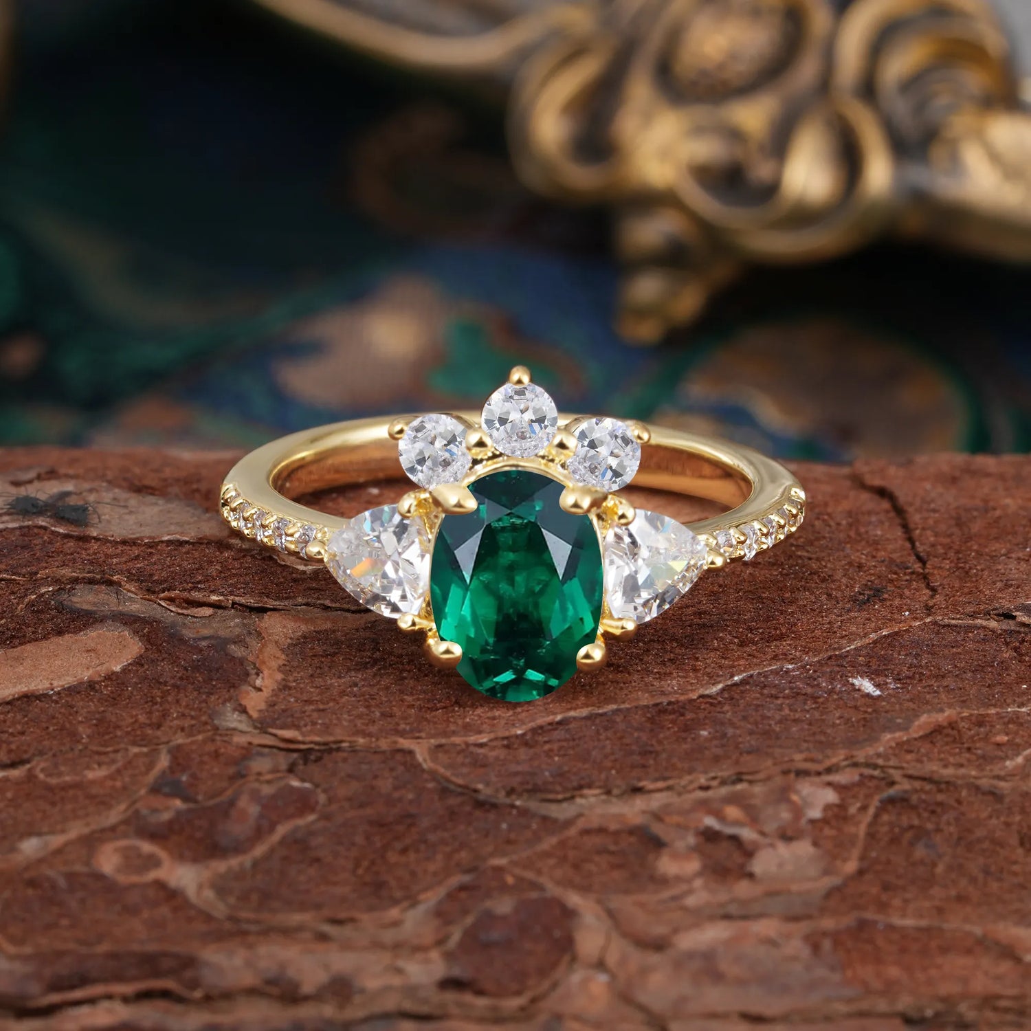 2 Carat Cluster Emerald Unique Oval Shaped Engagement Ring