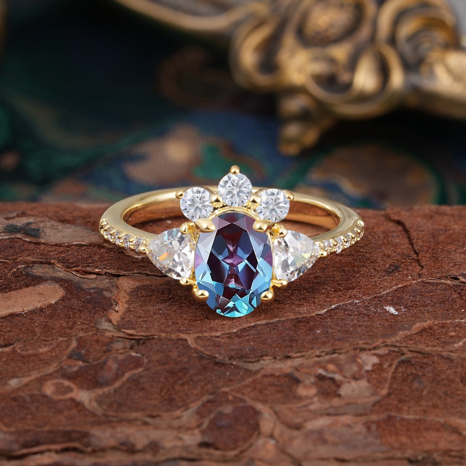 2 Carat Cluster Alexandrite Unique Oval Shaped Engagement Ring