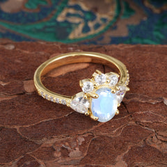 2 Carat Cluster Moonstone Promise Ring Unique Oval Shaped Pave Halo Ring