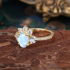 2 Carat Cluster Moonstone Promise Ring Unique Oval Shaped Pave Halo Ring
