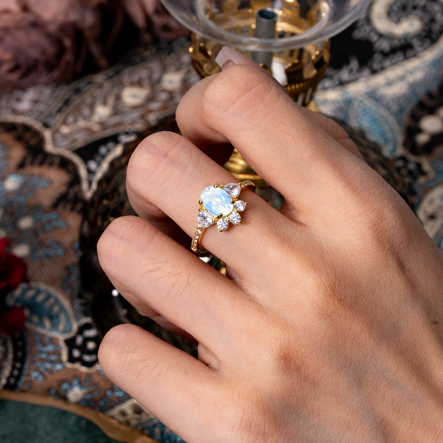 2 Carat Cluster Moonstone Unique Oval Shaped Engagement Ring