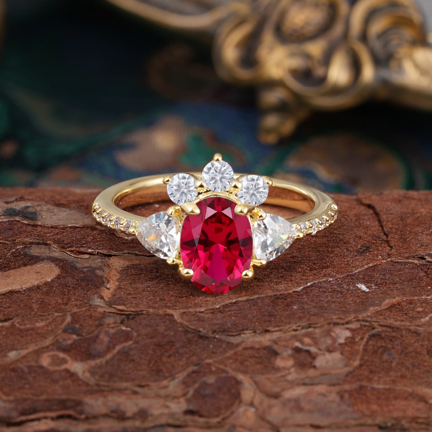 2 Carat Cluster Ruby Unique Oval Shaped Engagement Ring