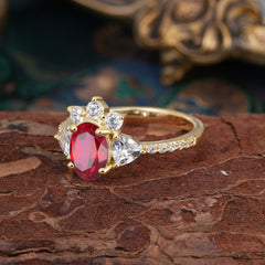 2 Carat Cluster Ruby Promise Ring Unique Oval Shaped Pave Halo Ring