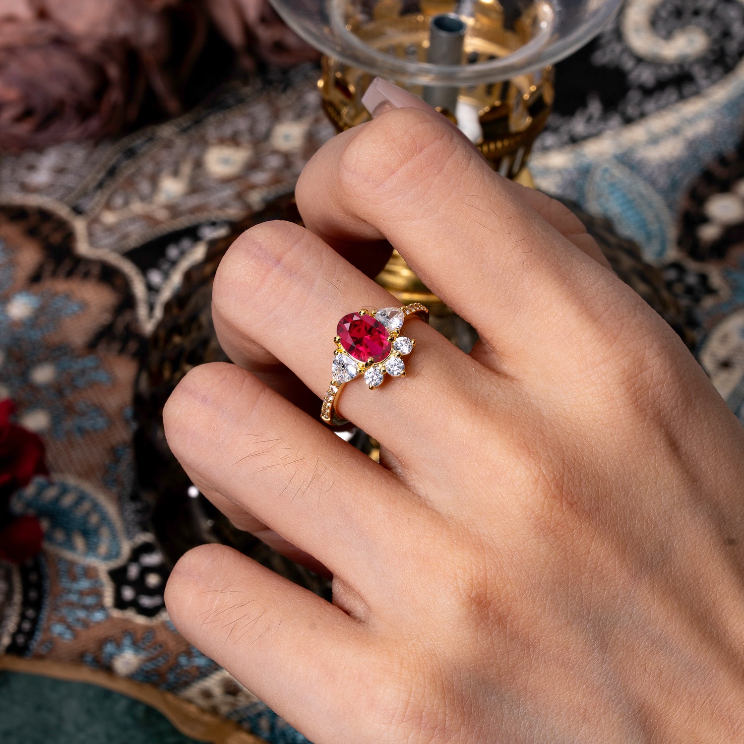 2 Carat Cluster Ruby Unique Oval Shaped Engagement Ring