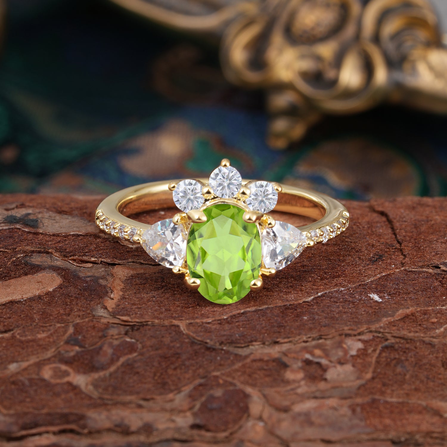 2 Carat Cluster Peridot Unique Oval Shaped Engagement Ring