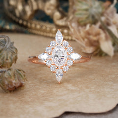 Vintage 1 Carat Oval Cut Cluster Moissanite Engagement Ring