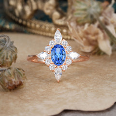 4 Prong Vintage 1 Carat Oval Cut Cluster Sapphire Engagement Ring