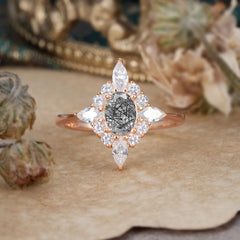 4 Prong Vintage 1 Carat Oval Cut Cluster Black Rutilated Quartz Engagement Ring