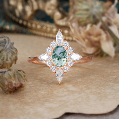 Vintage 1 Carat Oval Cut Cluster Moss Agate Engagement Ring