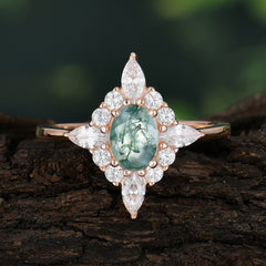 Vintage 1 Carat Oval Cut Cluster Moss Agate Engagement Ring