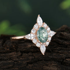 Vintage 1 Carat Oval Cut Cluster Moss Agate Engagement Ring