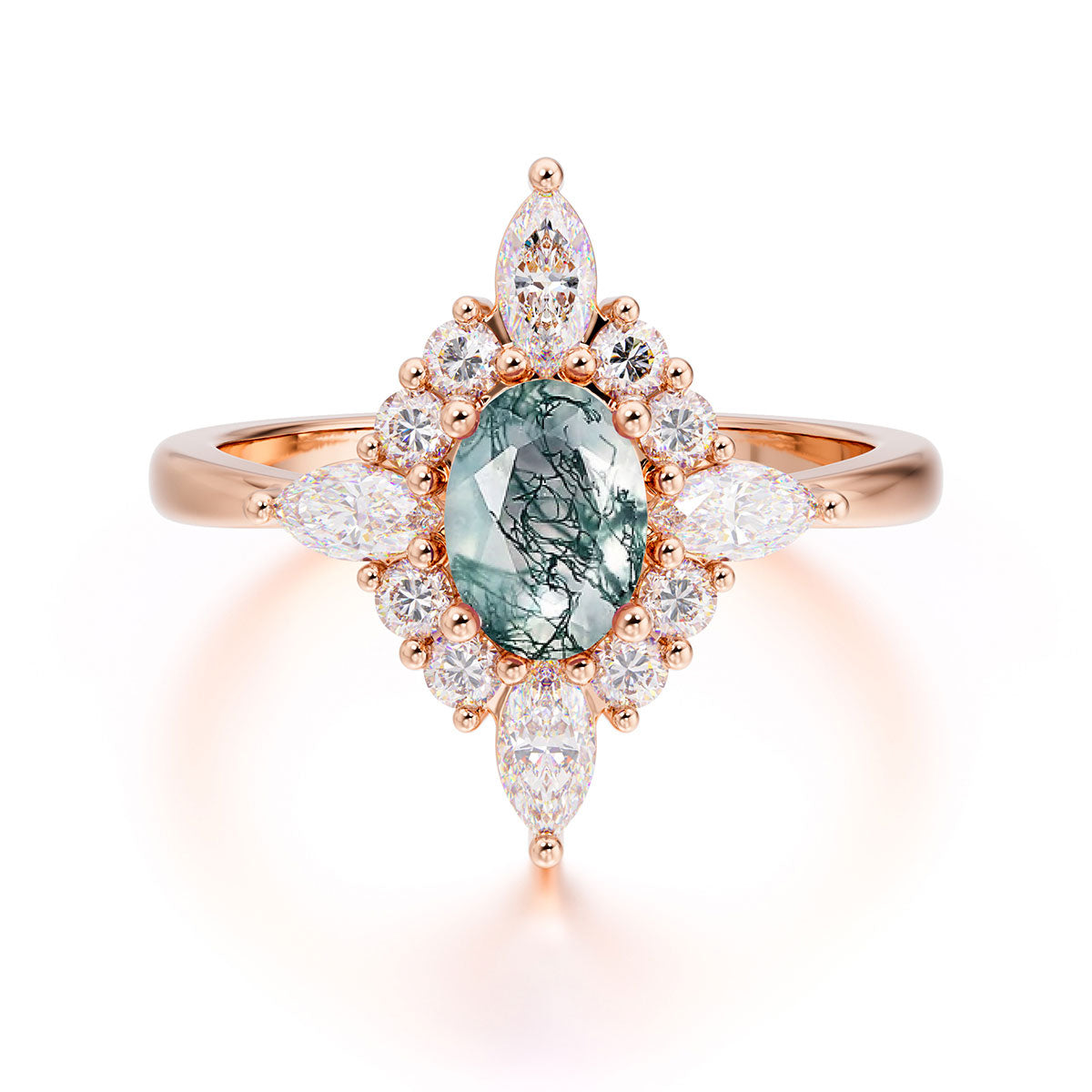 Vintage 1 Carat Oval Cut Cluster Moss Agate Engagement Ring