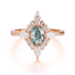 Vintage 1 Carat Oval Cut Cluster Moss Agate Engagement Ring