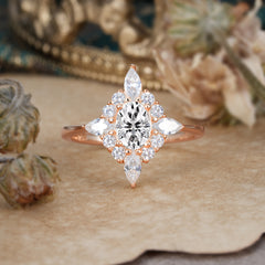 4 Prong Vintage 1 Carat Oval Cut Cluster Lab Diamond Engagement Ring