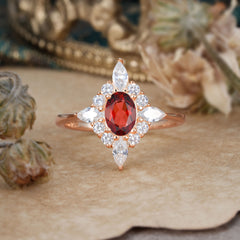 Vintage 1 Carat Oval Cut Cluster Garnet Engagement Ring