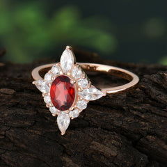 Vintage 1 Carat Oval Cut Cluster Garnet Engagement Ring