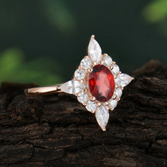 Vintage 1 Carat Oval Cut Cluster Garnet Engagement Ring