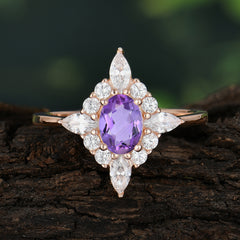 Vintage 1 Carat Oval Cut Cluster Amethyst Engagement Ring
