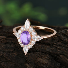 Vintage 1 Carat Oval Cut Cluster Amethyst Engagement Ring
