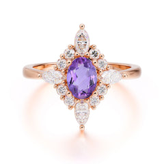 Vintage 1 Carat Oval Cut Cluster Amethyst Engagement Ring
