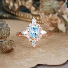 Vintage 1 Carat Oval Cut Cluster Aquamarine Engagement Ring