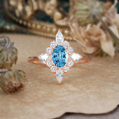 Vintage 1 Carat Oval Cut Cluster Aquamarine Engagement Ring