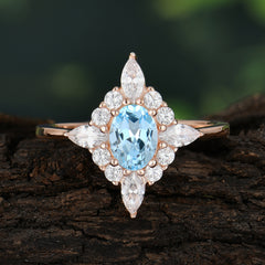 Vintage 1 Carat Oval Cut Cluster Aquamarine Engagement Ring