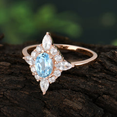Vintage 1 Carat Oval Cut Cluster Aquamarine Engagement Ring