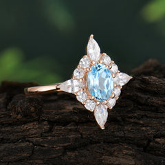 Vintage 1 Carat Oval Cut Cluster Aquamarine Engagement Ring