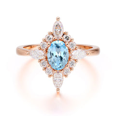 Vintage 1 Carat Oval Cut Cluster Aquamarine Engagement Ring