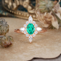 Vintage 1 Carat Oval Cut Cluster Emerald Engagement Ring