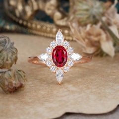 4 Prong Vintage 1 Carat Oval Cut Cluster Ruby Engagement Ring