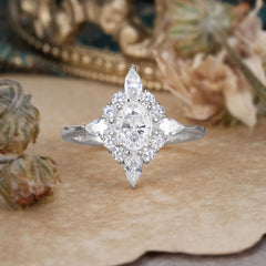 Vintage 1 Carat Oval Cut Cluster Moissanite Engagement Ring