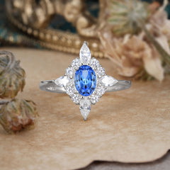 4 Prong Vintage 1 Carat Oval Cut Cluster Sapphire Engagement Ring