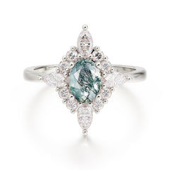 Vintage 1 Carat Oval Cut Cluster Moss Agate Engagement Ring