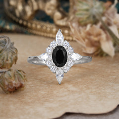 4 Prong Vintage 1 Carat Oval Cut Cluster Black Onyx Engagement Ring
