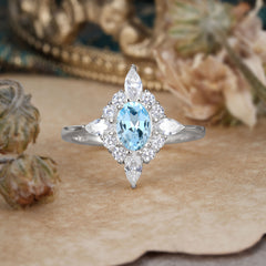 Vintage 1 Carat Oval Cut Cluster Aquamarine Engagement Ring