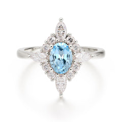 Vintage 1 Carat Oval Cut Cluster Aquamarine Engagement Ring