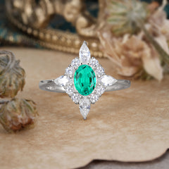 Vintage 1 Carat Oval Cut Cluster Emerald Engagement Ring