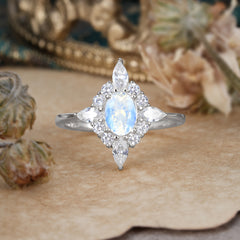 4 Prong Vintage 1 Carat Oval Cut Cluster Moonstone Engagement Ring