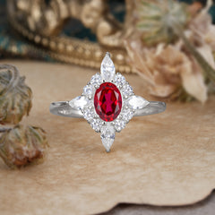 4 Prong Vintage 1 Carat Oval Cut Cluster Ruby Engagement Ring