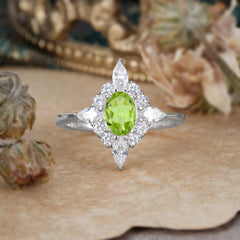 4 Prong Vintage 1 Carat Oval Cut Cluster Peridot Engagement Ring