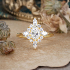 Vintage 1 Carat Oval Cut Cluster Moissanite Engagement Ring