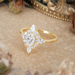 Vintage 1 Carat Oval Cut Cluster Moissanite Engagement Ring