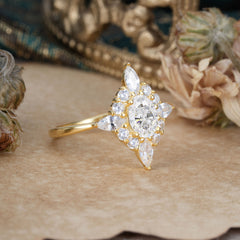 Vintage 1 Carat Oval Cut Cluster Moissanite Engagement Ring