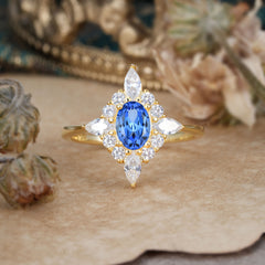 4 Prong Vintage 1 Carat Oval Cut Cluster Sapphire Engagement Ring