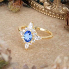 4 Prong Vintage 1 Carat Oval Cut Cluster Sapphire Engagement Ring