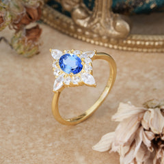 4 Prong Vintage 1 Carat Oval Cut Cluster Sapphire Engagement Ring