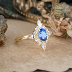 4 Prong Vintage 1 Carat Oval Cut Cluster Sapphire Engagement Ring